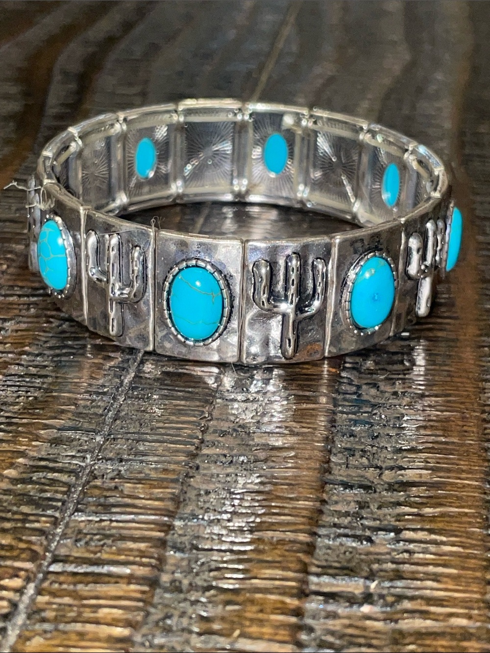 Silver Turquoise Cactus Stretch Bracelet - Blue